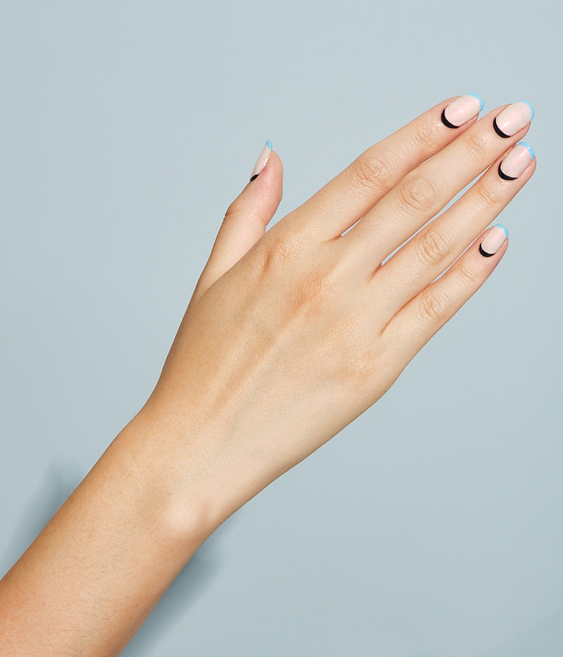 Nail art design with Akoya base, adorned with a double French manicure using Absolute Black and Aero polishes.