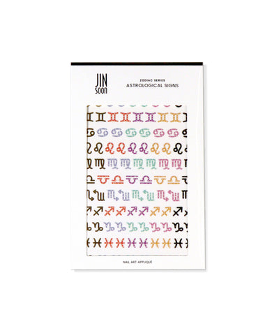 JINsoon Astrological Signs Appliqués packaging showcased against a white background.