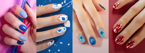 collage of four images of blue, light blue and red patriotic nail art with stars