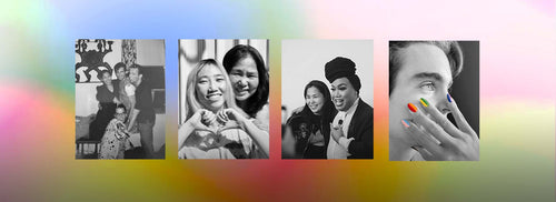 Collage of four of Jin's personal photos. Gradient vibrant color mesh background.