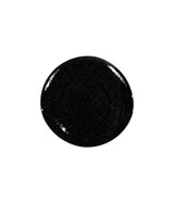 A glossy, circular swatch of black nail polish on a solid white background